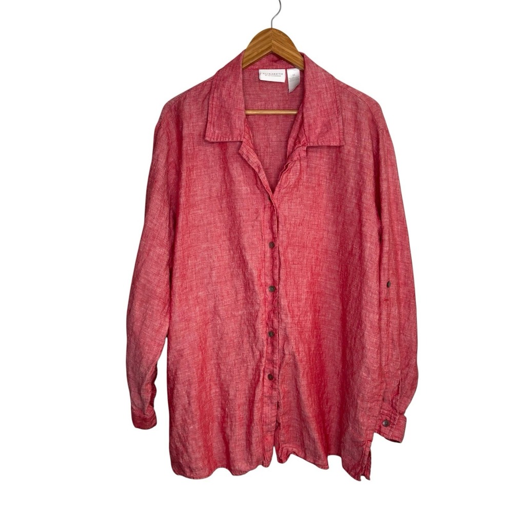 Elisabeth Liz Claiborne Womens Shirt 3X Red Linen Button Up Long Sleeve